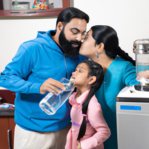 Gia đình hạnh phúc uống nước sạch từ máy lọc nước.